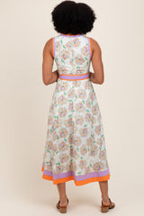 Orange Floral Sleeveless Sash Tie Midi Dress