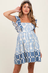 Blue Damask Ruffle Sleeve Maternity Mini Dress