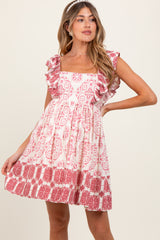 Mauve Damask Ruffle Sleeve Maternity Mini Dress