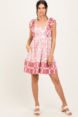 Mauve Damask Ruffle Sleeve Maternity Mini Dress