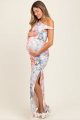 Floral One Shoulder Side Slit Maternity Maxi Dress