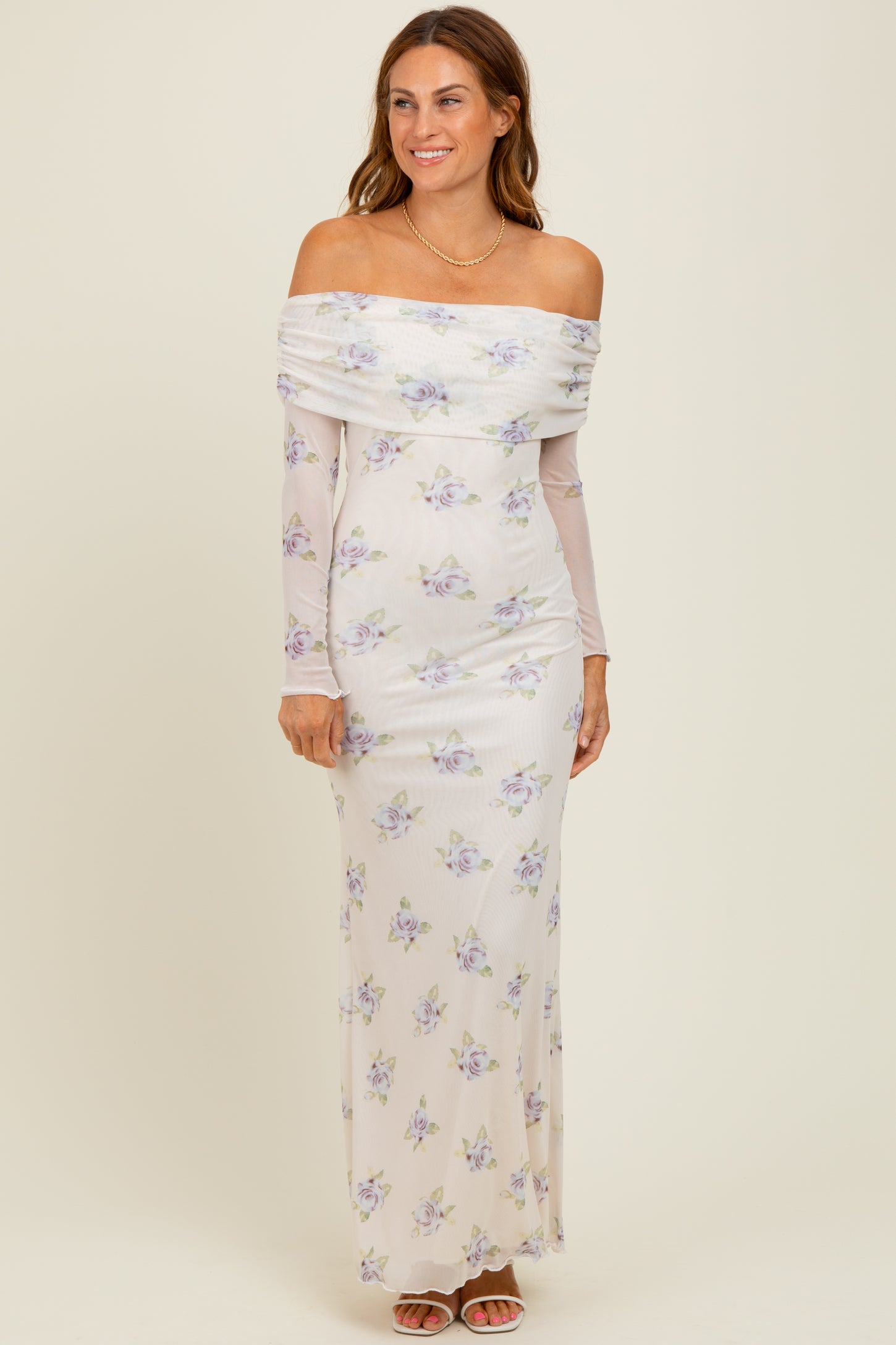 Ivory Floral Mesh Off Shoulder Foldover Maxi Dress