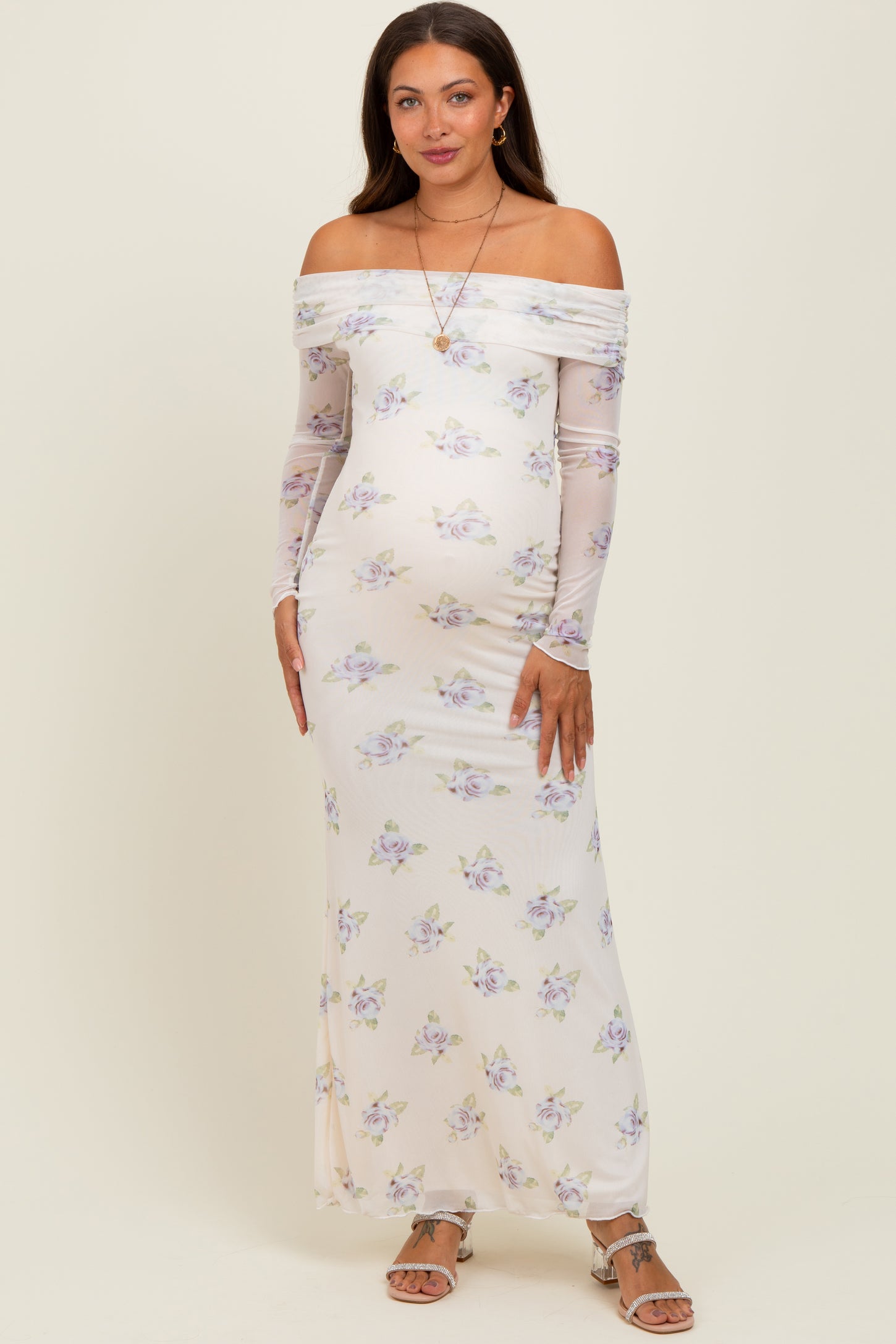 Ivory Floral Mesh Off Shoulder Foldover Maternity Maxi Dress