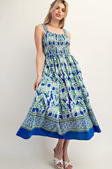 Royal Blue Floral Sleeveless Smocked Midi Dress