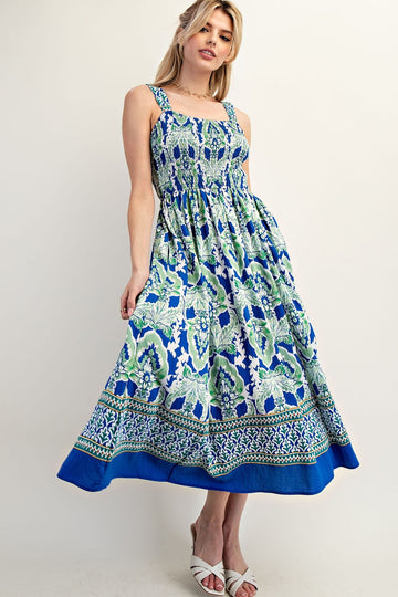 Royal Blue Floral Sleeveless Smocked Midi Dress