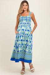 Royal Blue Floral Sleeveless Smocked Maternity Midi Dress