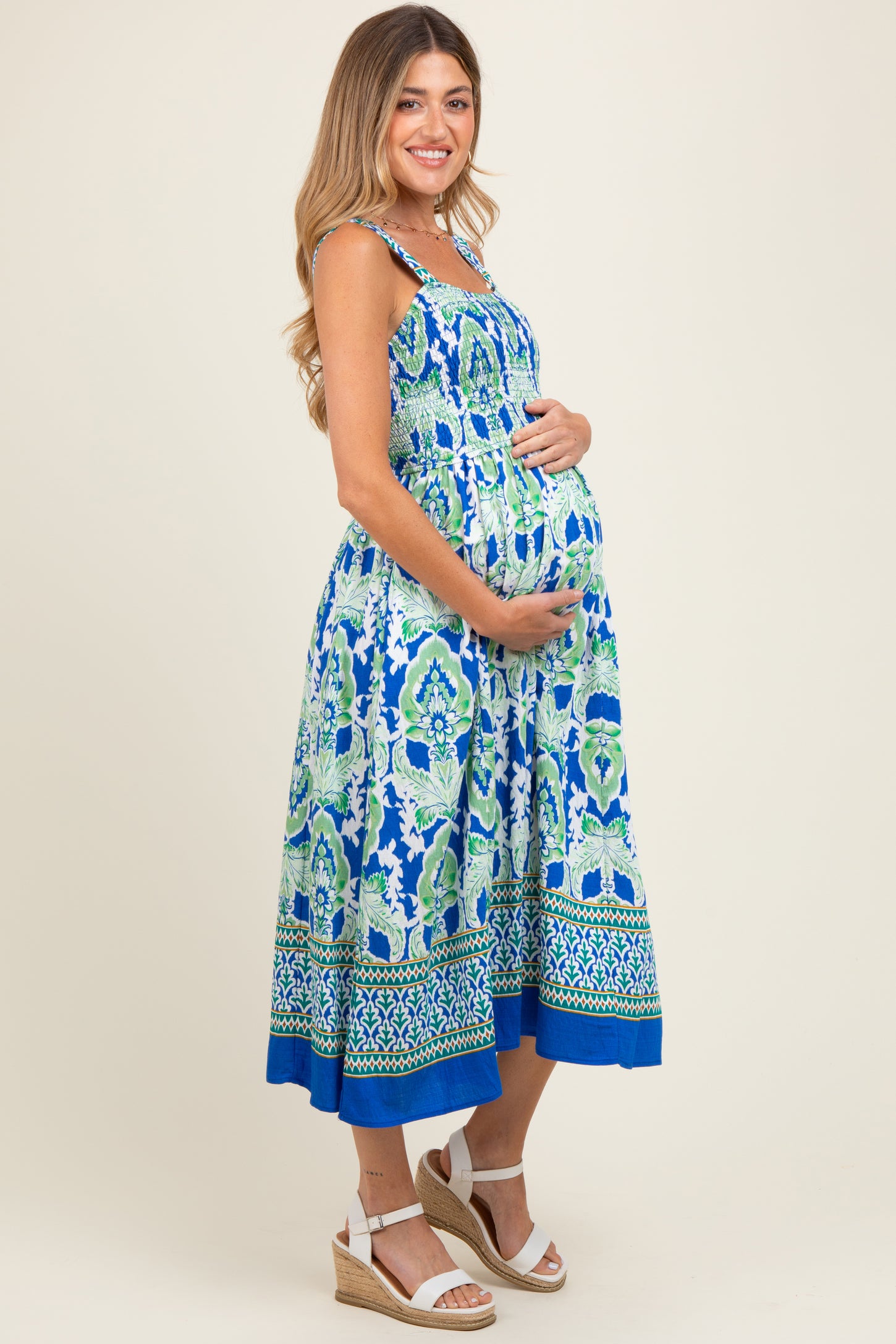 Royal Blue Floral Sleeveless Smocked Maternity Midi Dress