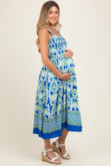 Royal Blue Floral Sleeveless Smocked Maternity Midi Dress