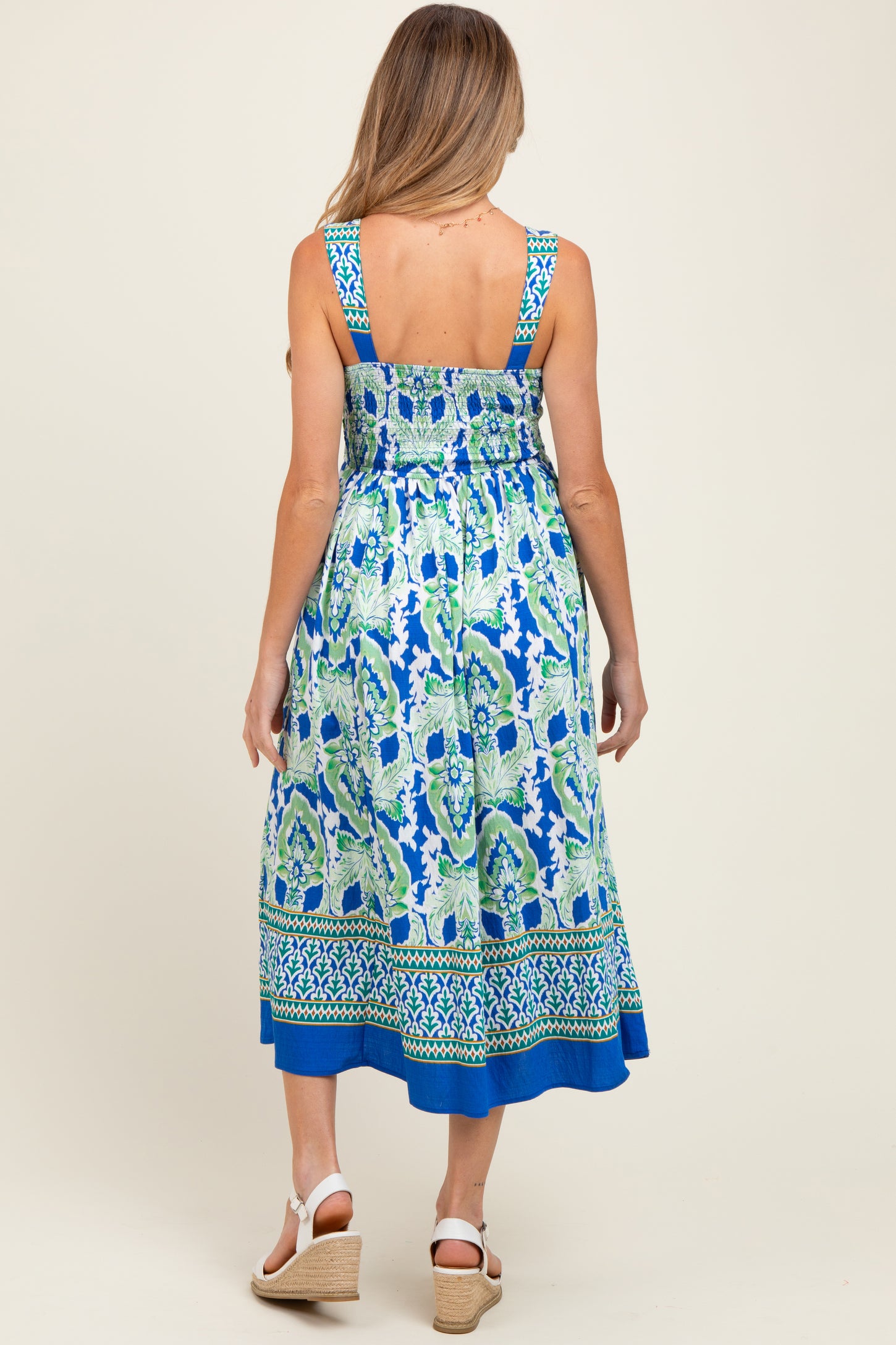 Royal Blue Floral Sleeveless Smocked Maternity Midi Dress