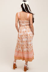 Camel Floral Sleeveless Smocked Maternity Midi Dress