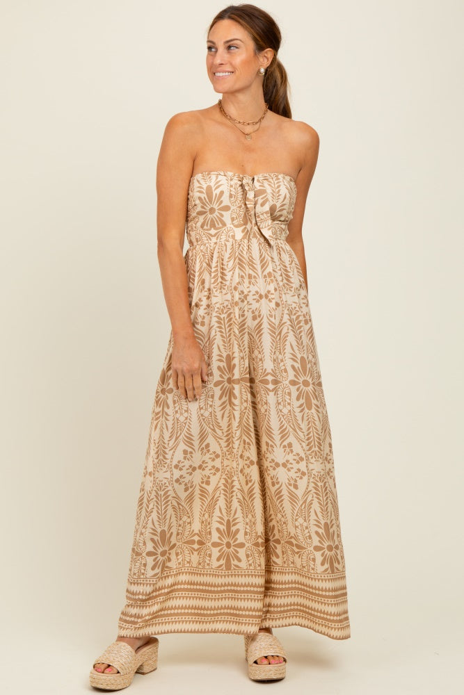Light Mocha Printed Strapless Front Tie Jumpsuit