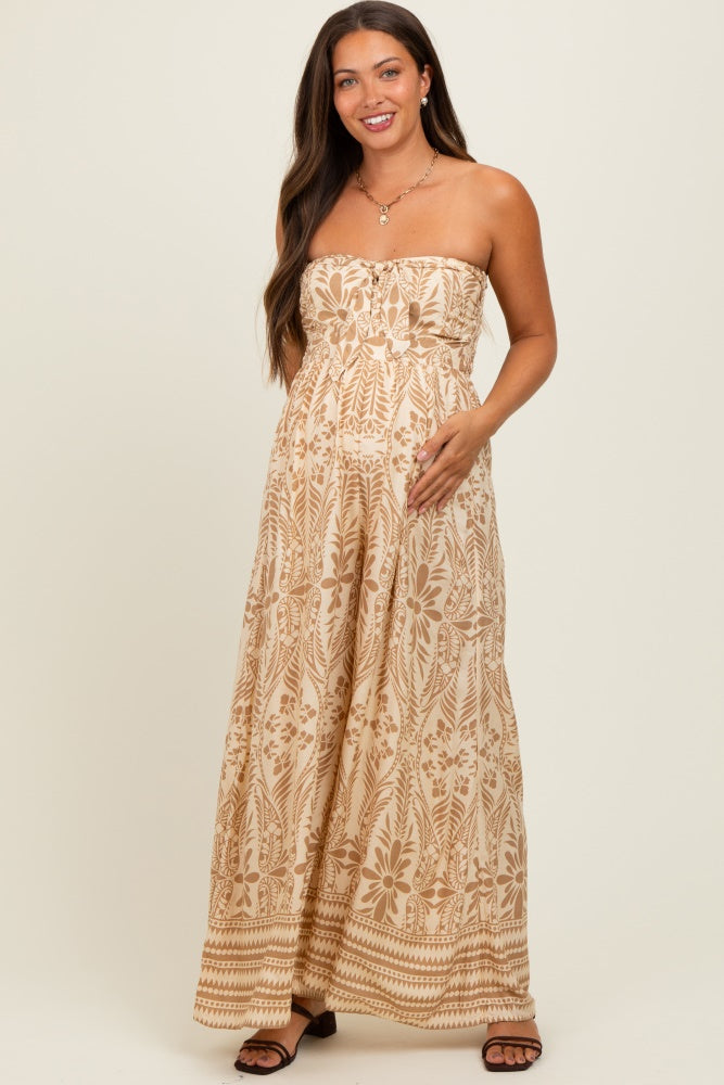 Light Mocha Printed Strapless Front Tie Maternity Jumpsuit