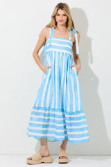 Light Blue Wide Stripe Shoulder Tie Maternity Midi Dress