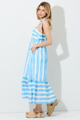 Light Blue Wide Stripe Shoulder Tie Midi Dress