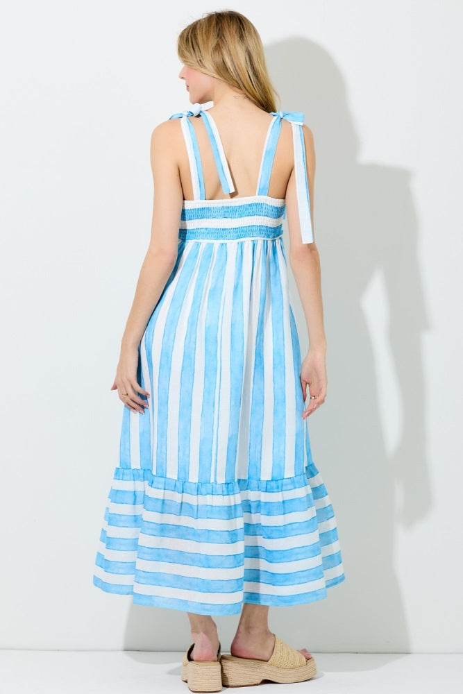 Light Blue Wide Stripe Shoulder Tie Midi Dress