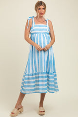 Light Blue Wide Stripe Shoulder Tie Maternity Midi Dress