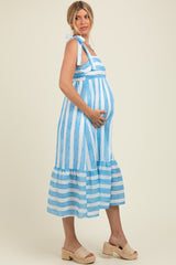 Light Blue Wide Stripe Shoulder Tie Maternity Midi Dress