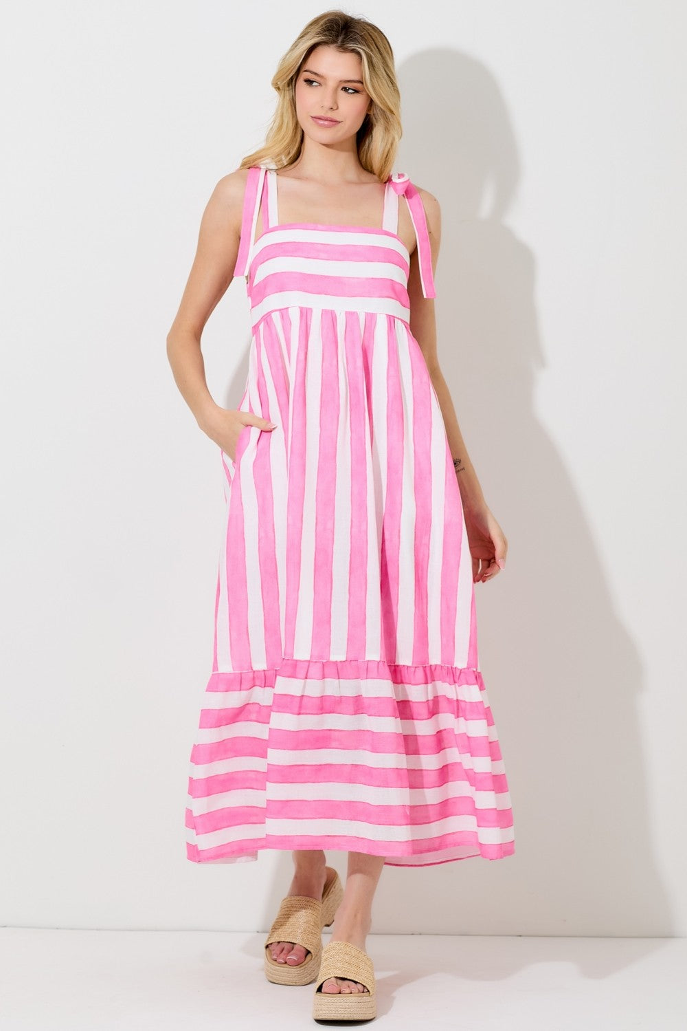 Pink Wide Stripe Shoulder Tie Midi Dress