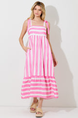 Pink Wide Stripe Shoulder Tie Midi Dress