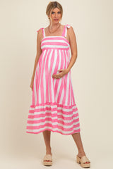Pink Wide Stripe Shoulder Tie Maternity Midi Dress
