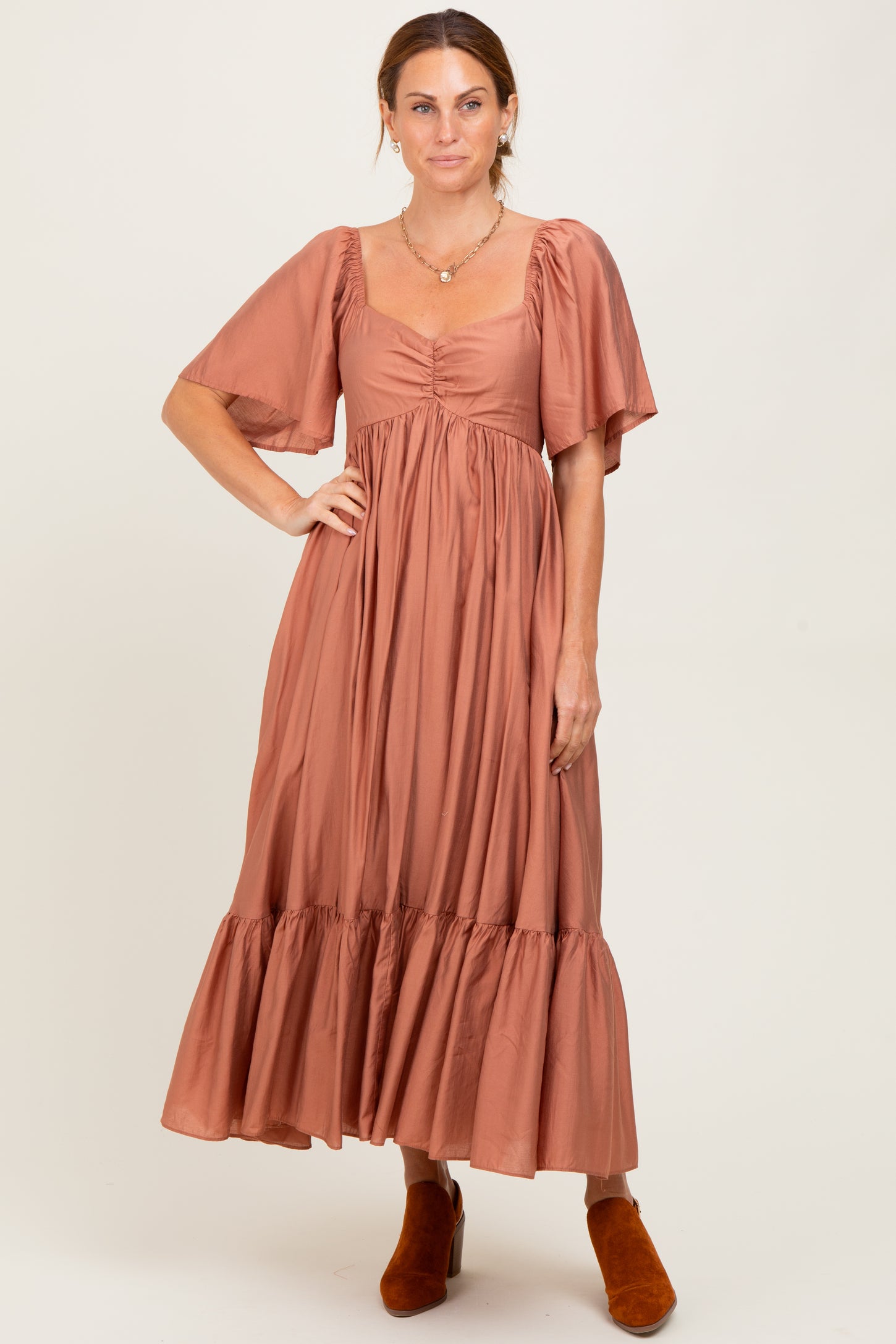 Rust Flutter Sleeve Ruffle Hem Midi Dress