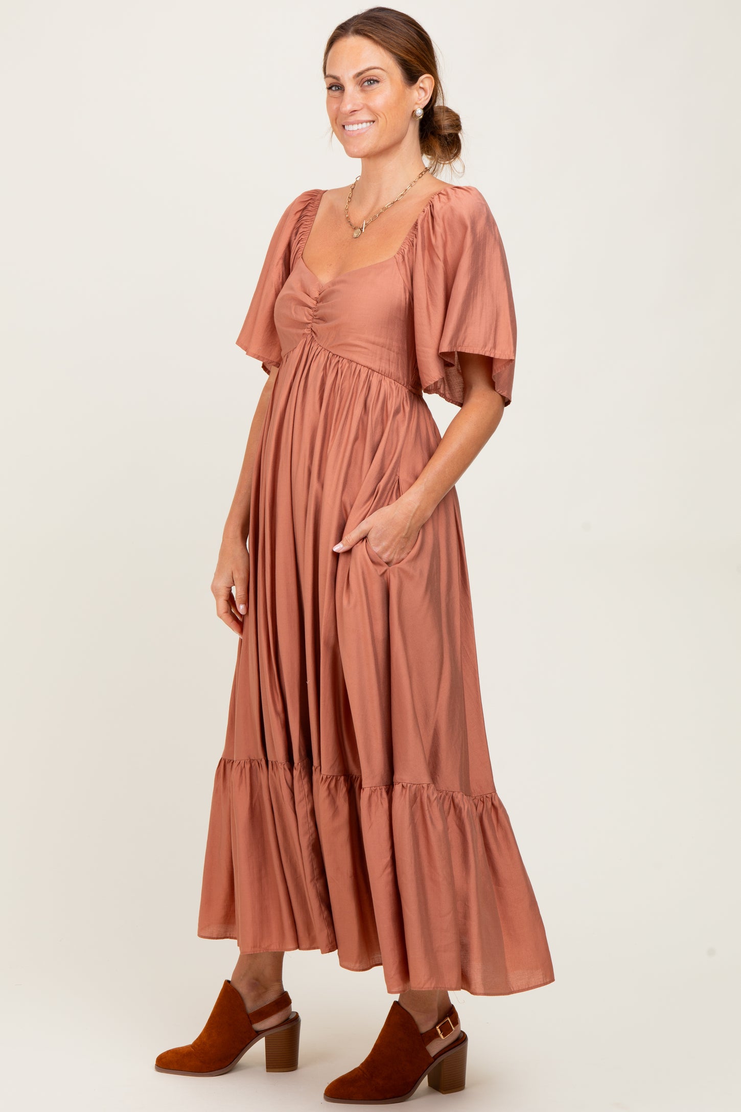 Rust Flutter Sleeve Ruffle Hem Midi Dress