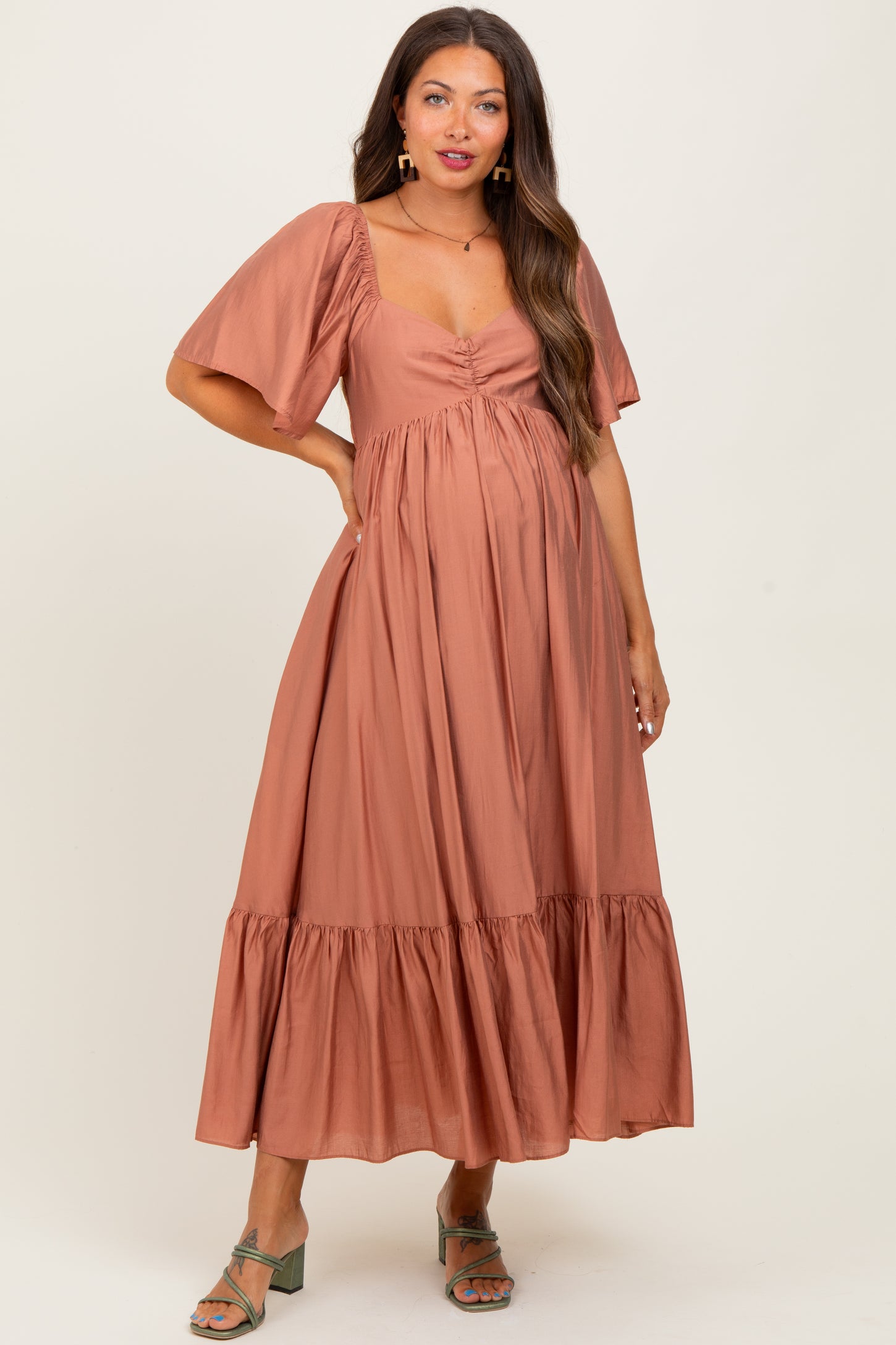 Rust Flutter Sleeve Ruffle Hem Maternity Midi Dress
