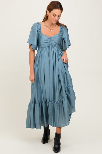 Blue Flutter Sleeve Ruffle Hem Midi Dress