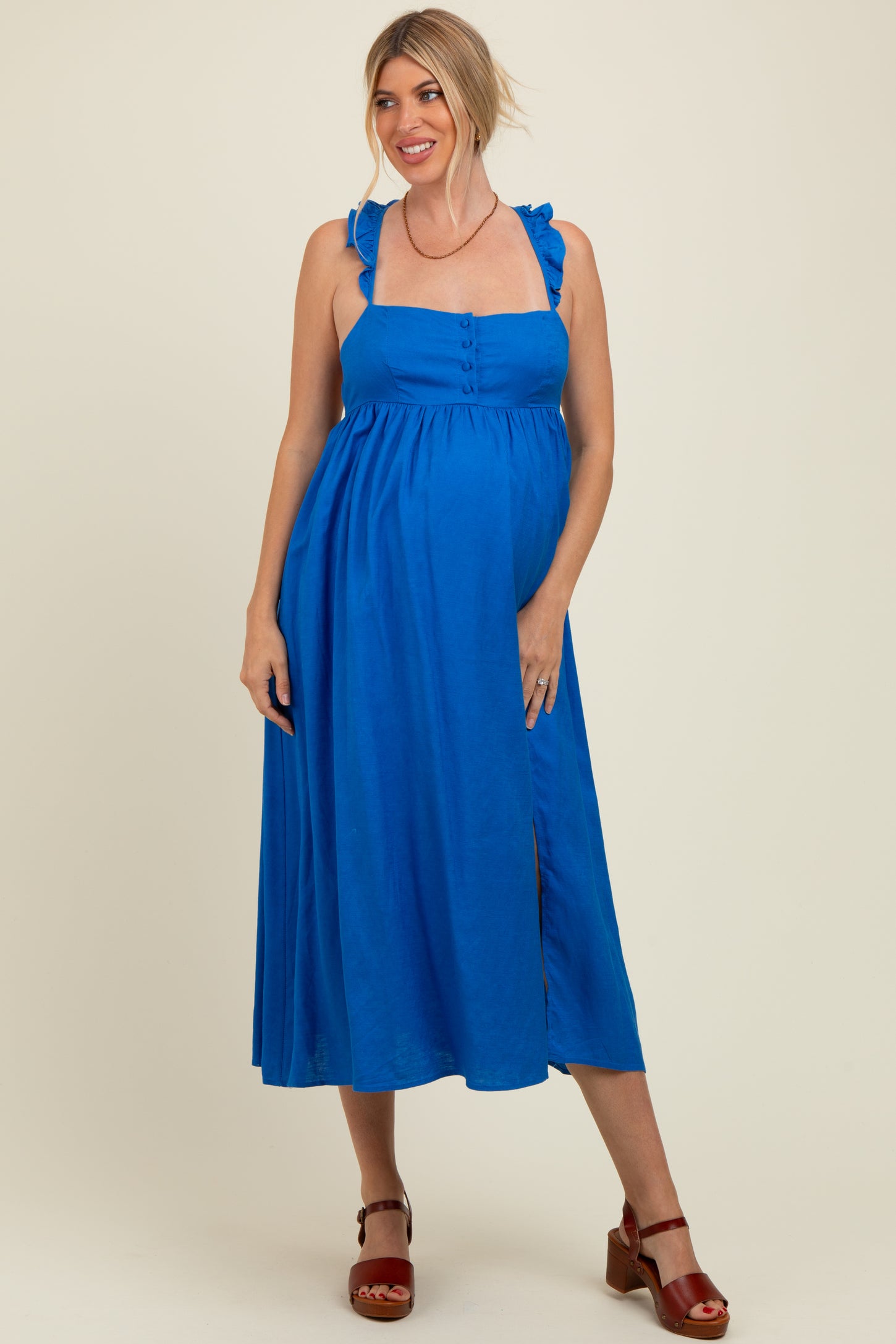 Blue Ruffle Strap Cutout Tie Back Maternity Midi Dress