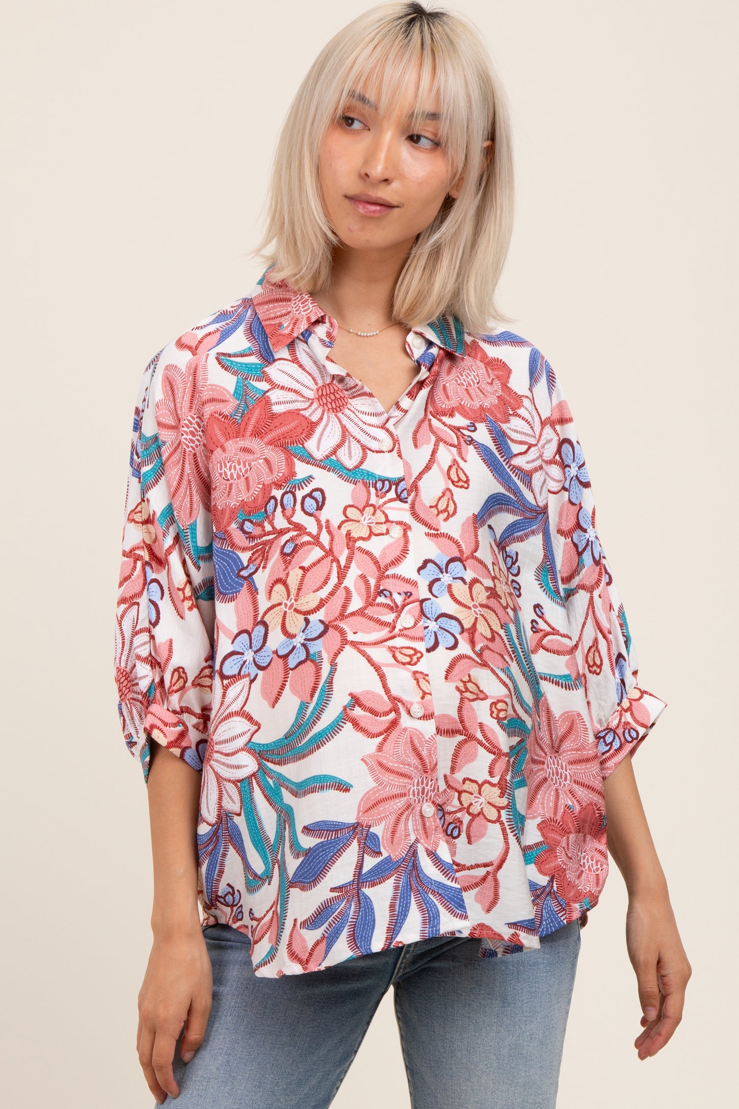 Pink Floral Embroidered Oversized Short Sleeve Maternity Blouse