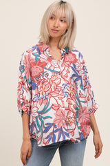 Pink Floral Embroidered Oversized Short Sleeve Maternity Blouse