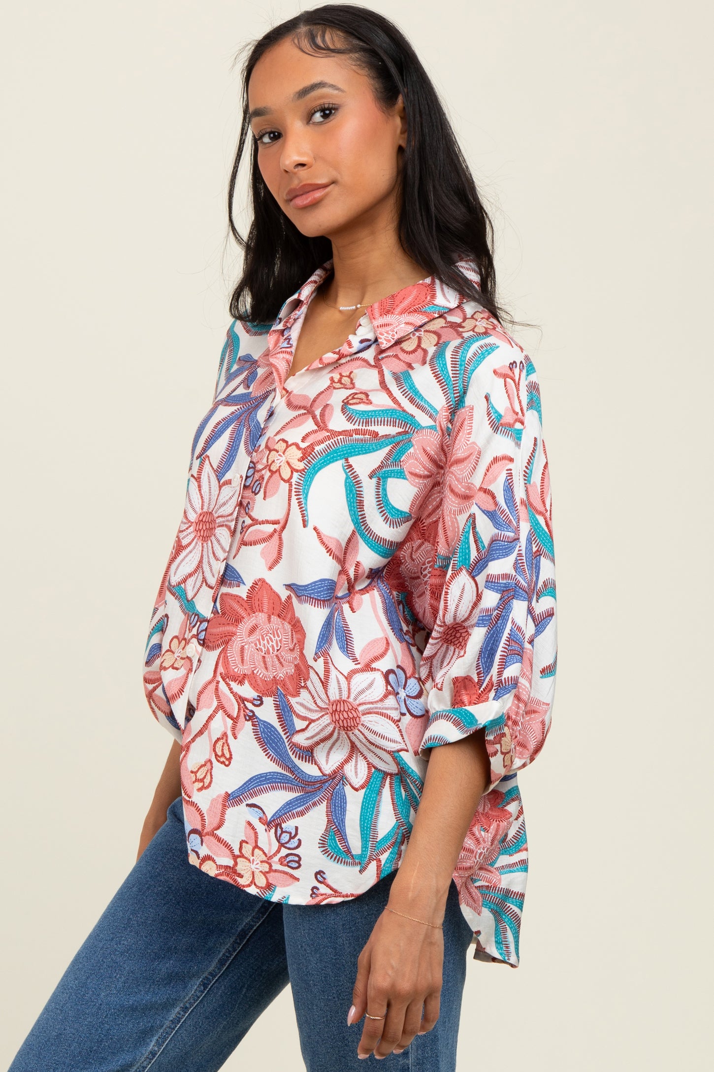 Pink Floral Embroidered Oversized Short Sleeve Blouse