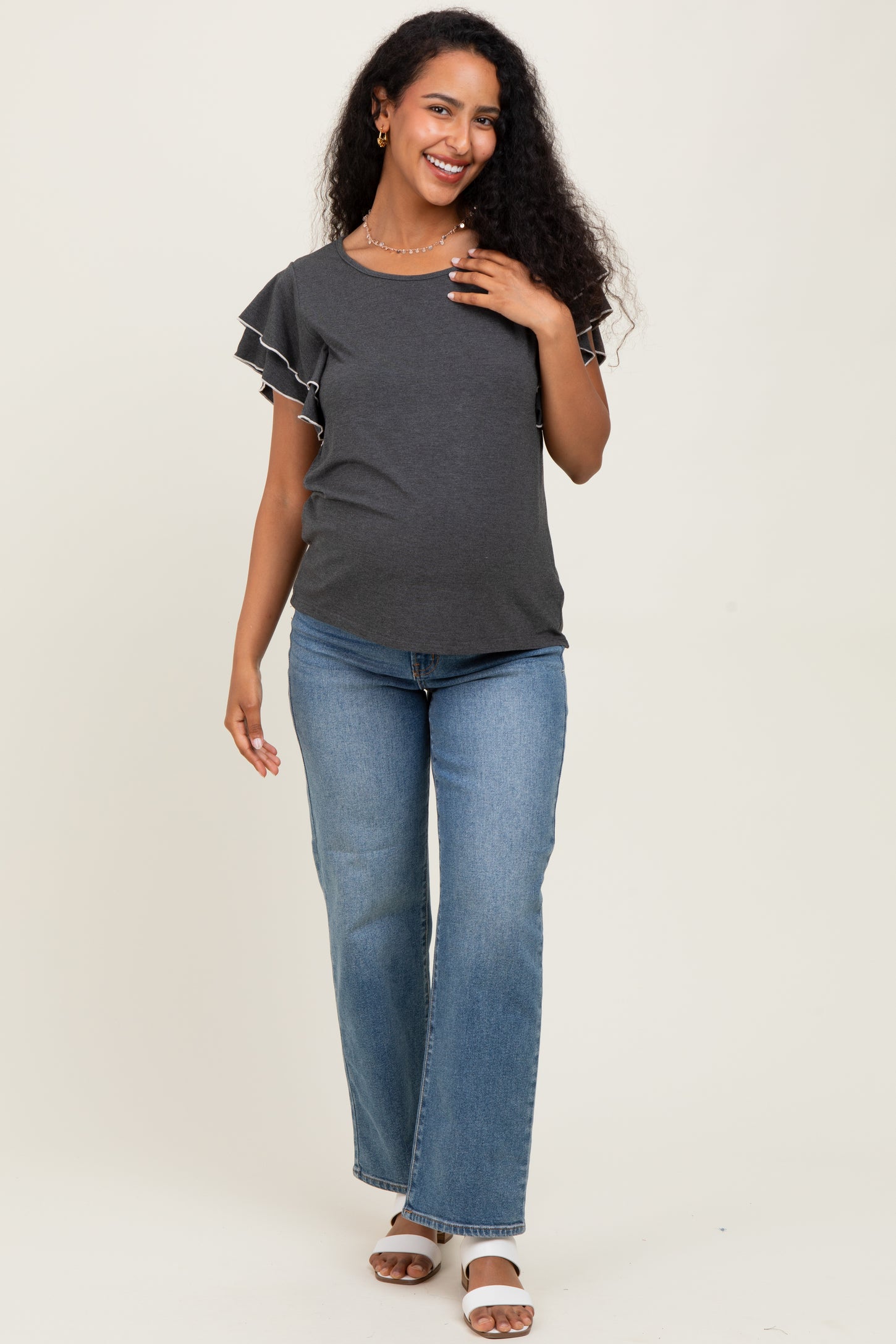 Charcoal Layered Ruffle Sleeve Maternity Top
