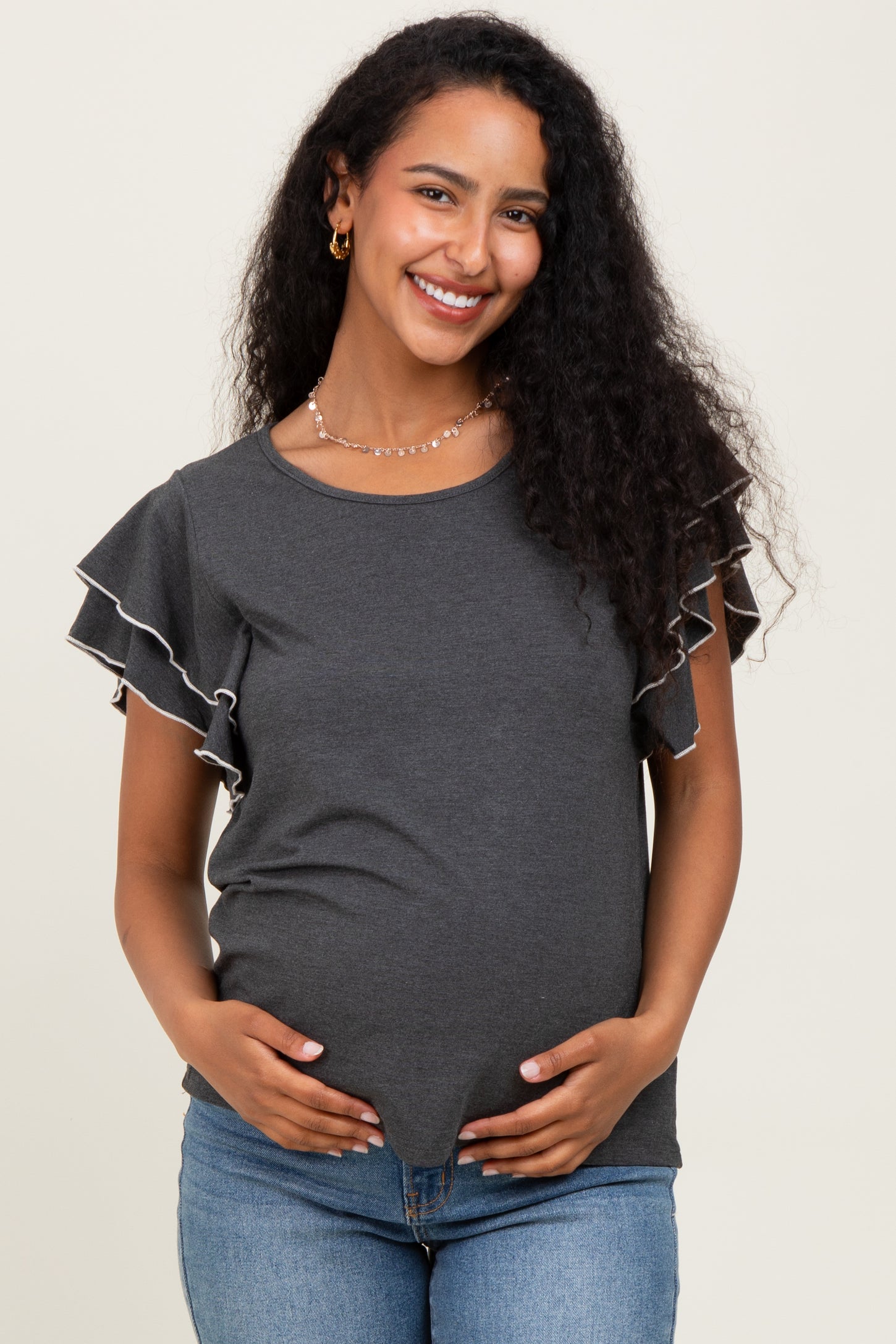 Charcoal Layered Ruffle Sleeve Maternity Top