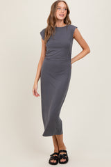 Charcoal Sleeveless Side Ruched Maternity Midi Dress