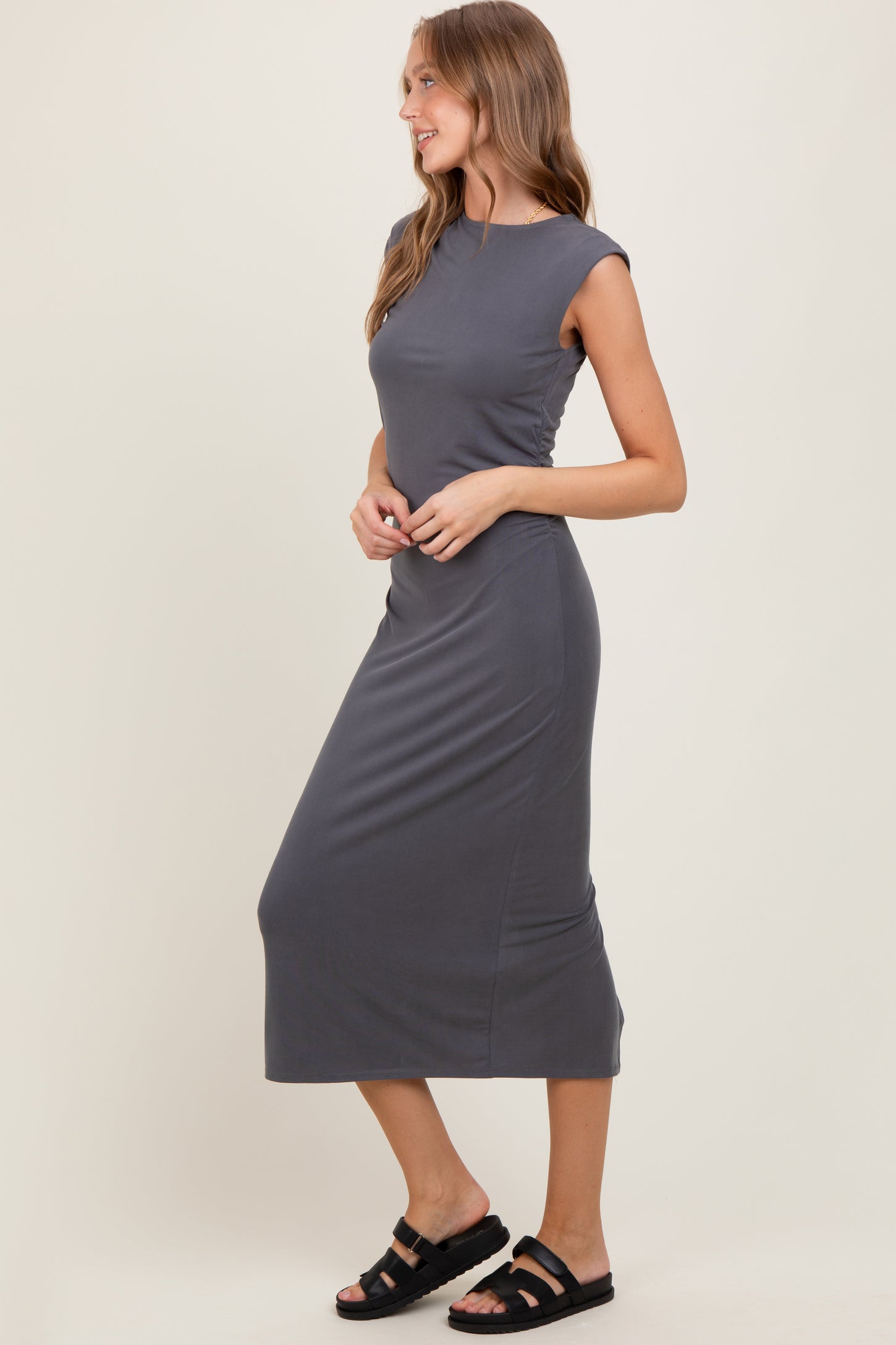 Charcoal Sleeveless Side Ruched Midi Dress