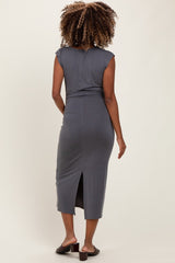 Charcoal Sleeveless Side Ruched Maternity Midi Dress