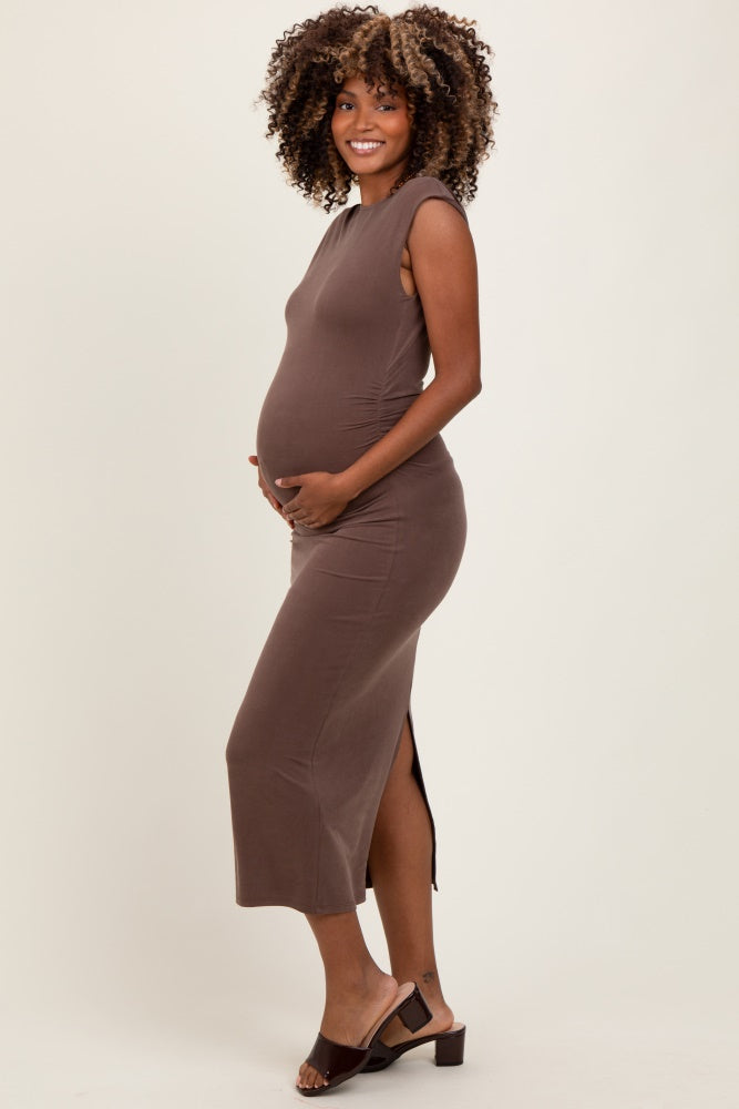Brown Sleeveless Side Ruched Maternity Midi Dress