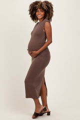 Brown Sleeveless Side Ruched Maternity Midi Dress