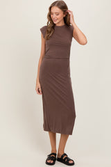 Brown Sleeveless Side Ruched Midi Dress