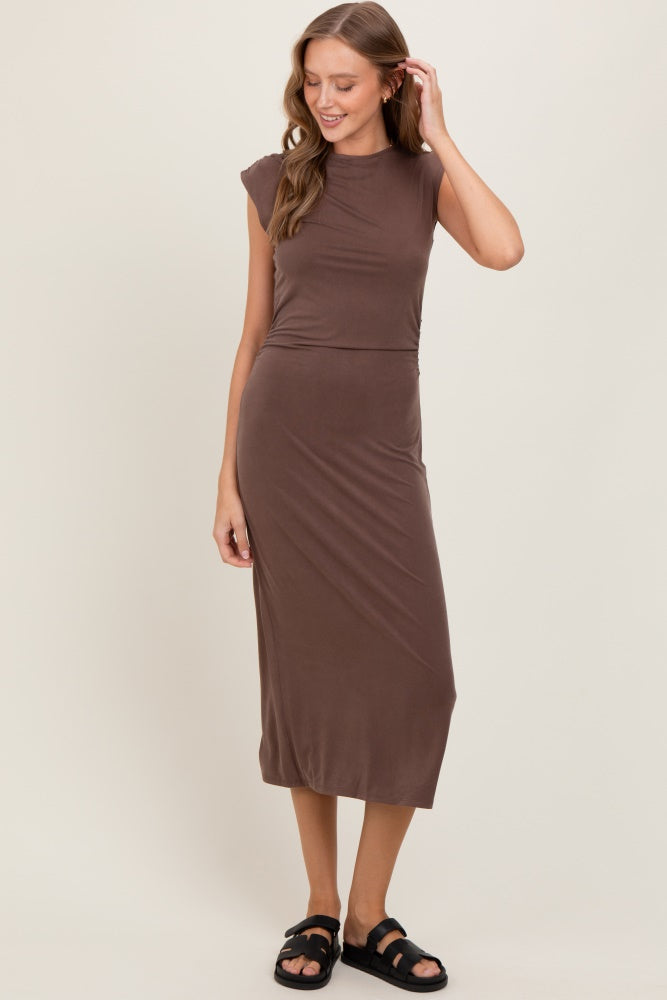 Brown Sleeveless Side Ruched Maternity Midi Dress