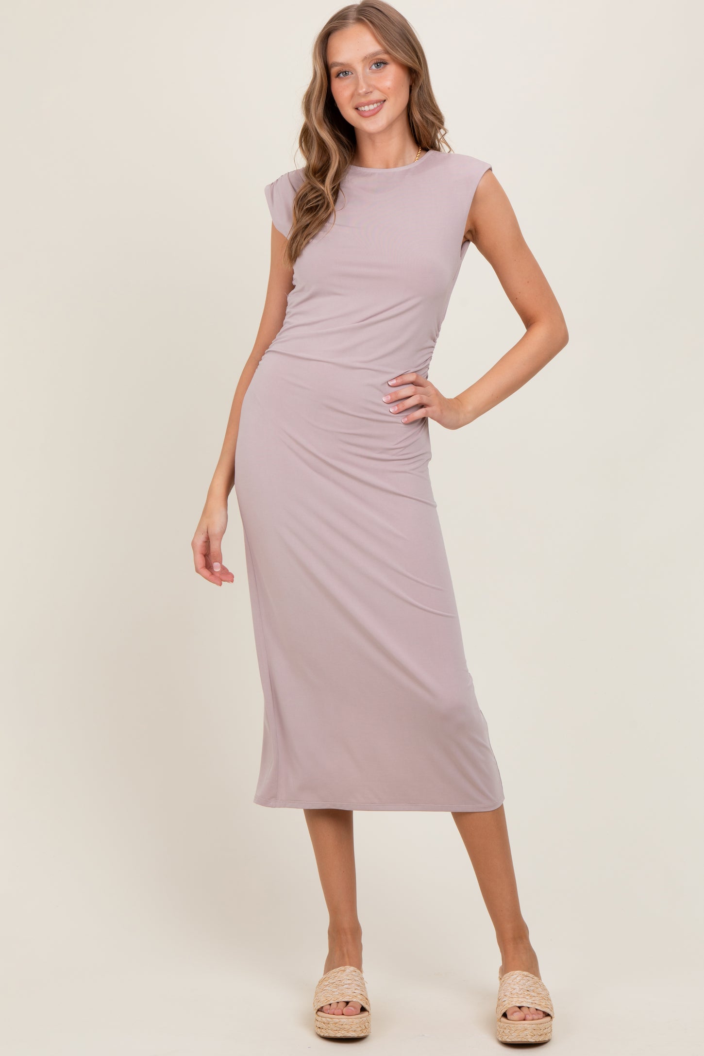 Light Pink Sleeveless Side Ruched Midi Dress