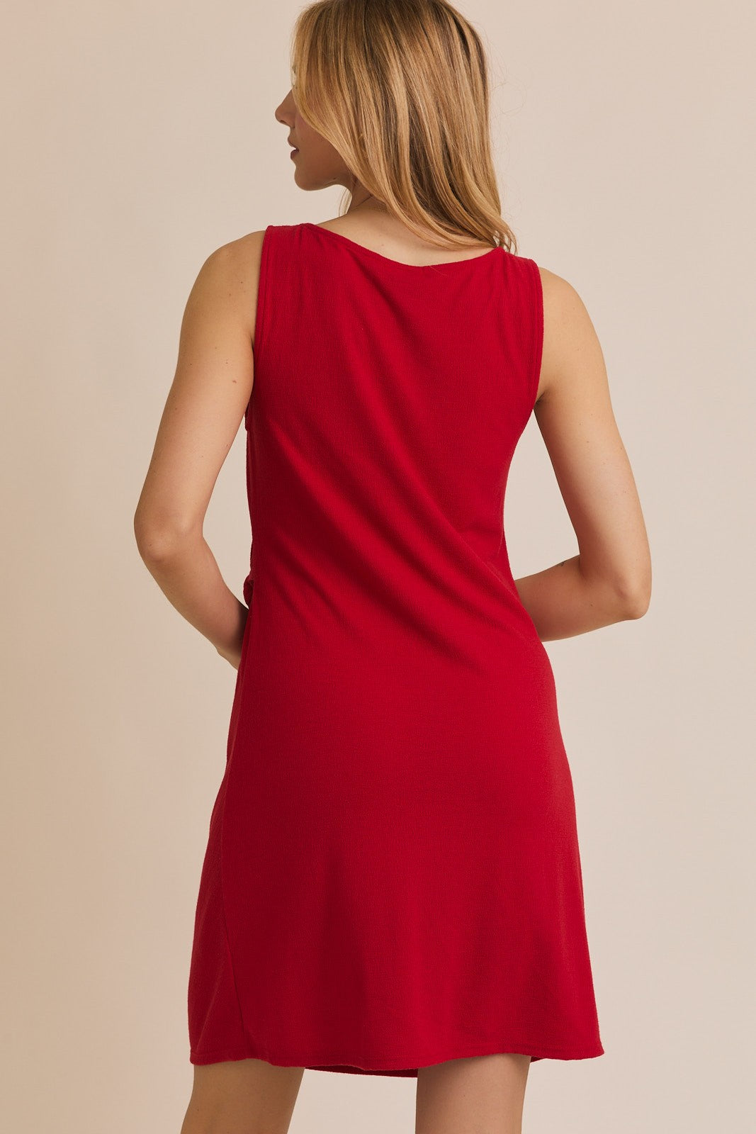 Red Boat Neck Sleeveless Side Tie Mini Dress