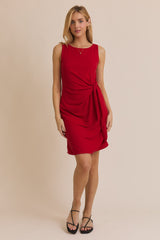 Red Boat Neck Sleeveless Side Tie Mini Dress
