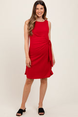 Red Boat Neck Sleeveless Side Tie Maternity Mini Dress