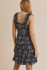 Black Floral Square Neck Ruffle Strap Tiered Dress