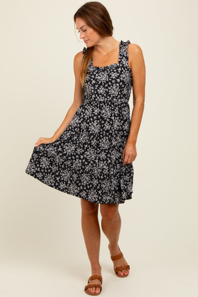 Black Floral Square Neck Ruffle Strap Tiered Dress