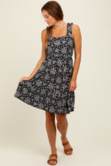 Black Floral Square Neck Ruffle Strap Tiered Dress