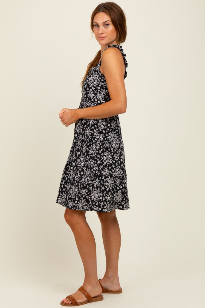 Black Floral Square Neck Ruffle Strap Tiered Dress