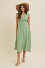 Green Button-Down Polka Dot Shirred Bow Maternity Midi Dress